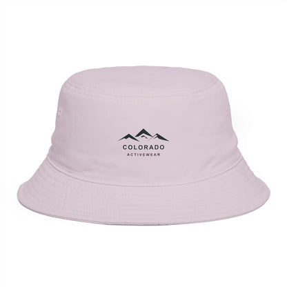 Front view of the Orchid Colorado Mountain Everyday Bucket Hat, showing the small dark printed mountain logo and reinforced brim.