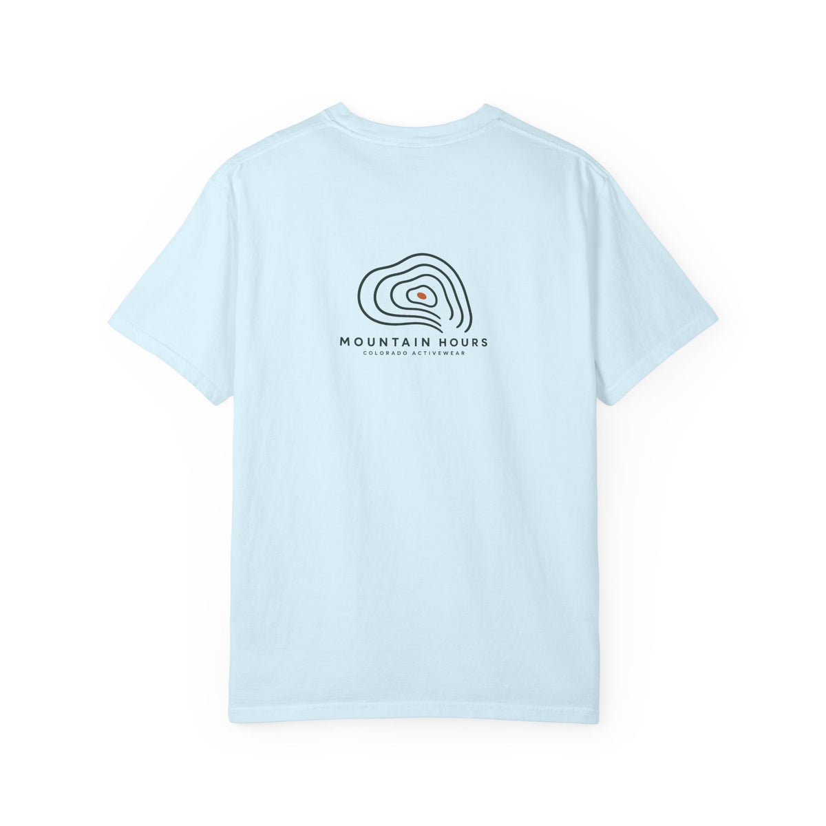 Chambray Mountain Hours Contour Tee, back view with compact contour-line graphic; illustrative product mockup.