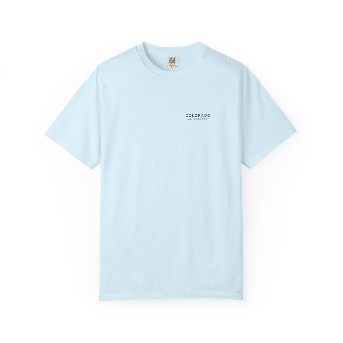 Chambray Mountain Hours Contour Tee, front view with small Colorado Activewear chest signature; illustrative product mockup.