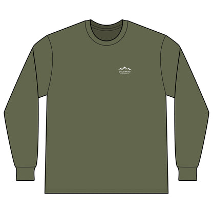 Front view of the Military Green Colorado Mountain Waffle Long Sleeve with its small white left-chest mountain logo.