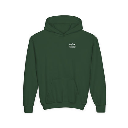 Front view of the Forest Green Colorado Mountain Youth Hoodie, with a small white mountain chest logo and kangaroo pocket.