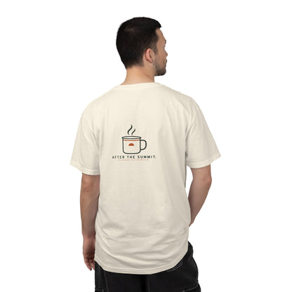 Ivory After the Summit Camp Mug Tee shown on a man, back mug-and-steam graphic; illustrative styling mockup.