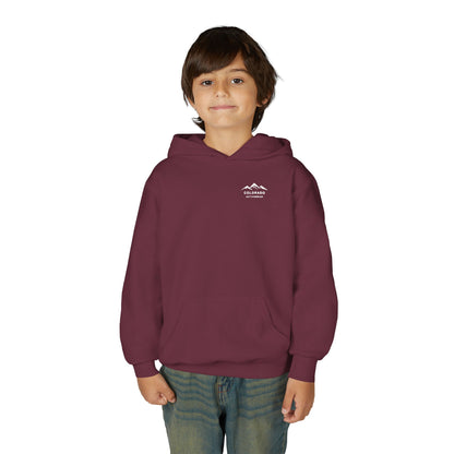 Supplier product mockup showing a child wearing the Maroon Colorado Mountain Youth Hoodie, with a small white mountain chest logo.