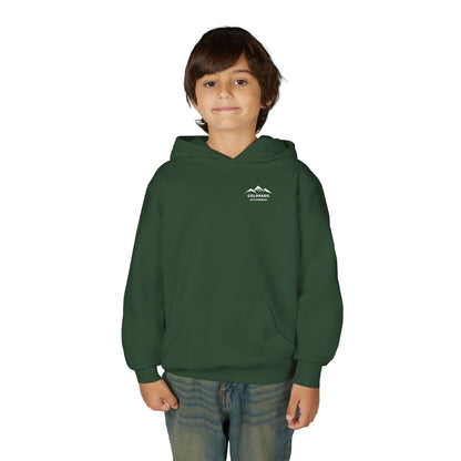 Supplier product mockup showing a child wearing the Forest Green Colorado Mountain Youth Hoodie, with a small white mountain chest logo.