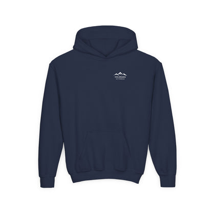 Front view of the Navy Colorado Mountain Youth Hoodie, with a small white mountain chest logo and kangaroo pocket.