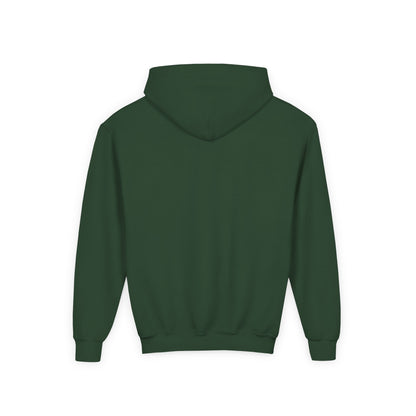 Back view of the Forest Green Colorado Mountain Youth Hoodie, showing its clean back and hood.