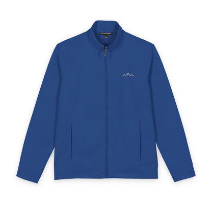 Front view of the Night Sky Blue Men’s Mountain Softshell Jacket, showing its stand collar, full zip and small white embroidered mountain logo on the left chest.