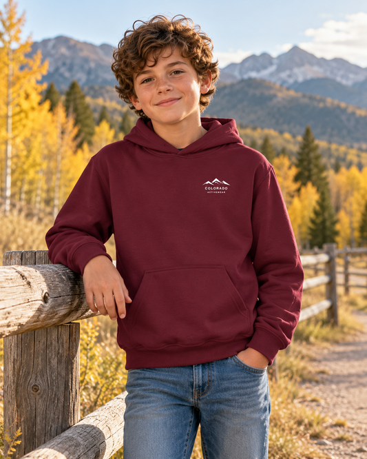 Illustrative lifestyle mockup: child wearing the Maroon Colorado Mountain Youth Hoodie on a mountain park path, showing its small white mountain chest logo.